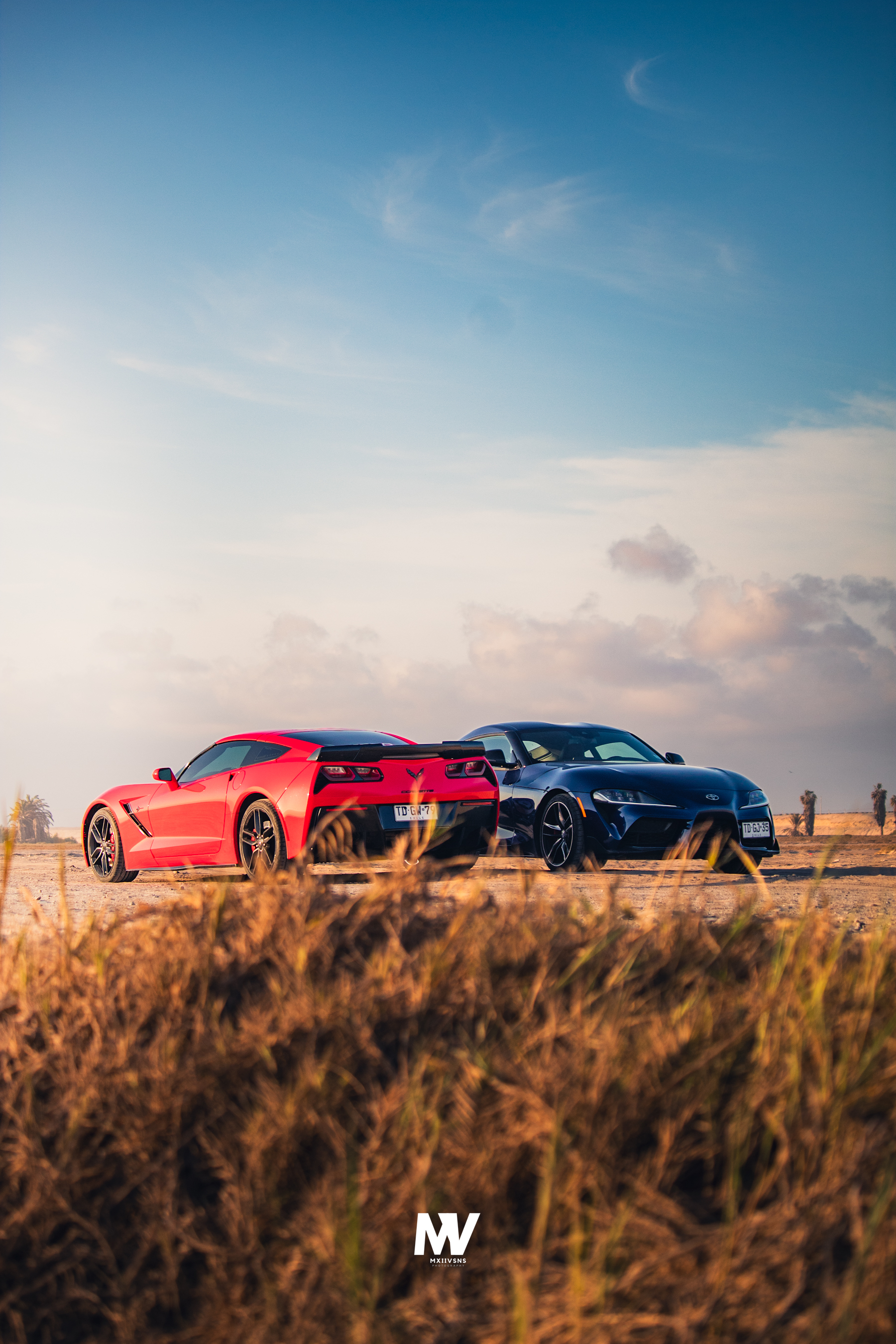 Corvette rojo y supercar azul en campo